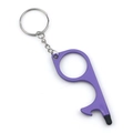 Detail view of purple EDC door opener keychain with finger ring and stylus tip - Purple