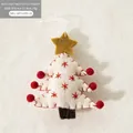 White felt Christmas tree ornament with red star embroidery and pom poms decor - White Christmas Tree / 1 Piece