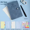 A6 denim blue budget binder set with cat design, pen, zipper bags and color index tabs - A6 Snap Button/100 Sheets / Mysterious Blue Leather Set
