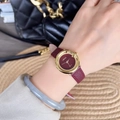 Women's quartz watch featuring red leather strap, gold case, and red sunray dial - G Round Dial