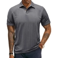 Close-up of men's grey polo shirt showing herringbone knit texture and wooden buttons - S / Tops / Dark Gray