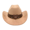 Beige suede western cowboy hat featuring a leather band with sparkling rhinestone heart buckle - One Size / Camel (Big Heart)