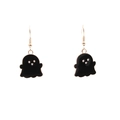 Close-up of Halloween ghost earrings featuring black enamel finish and gold hooks - Black Ghost Earrings