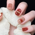 Short square burgundy and amber gradient press-on nails with gold beads and heart designs - Burgundy Amber Heart Style (JP1216)