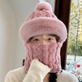Pink chunky knit winter hat with matching neck warmer and fluffy pompom detail - Pink (Korean Twist One-piece)