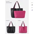 Handwoven contrast color tote bag in black and fuchsia leather with matching inner pouch - Black/Rose Red (2 Pcs Set)