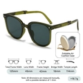 Foldable kids sunglasses in olive green with size measurements and storage case - Green Frame Green Lens + Box