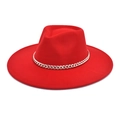 Detail of red wool fedora featuring a wide brim and decorative silver metal chain link - M (56-58cm) / Red