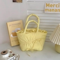 Pleated light yellow handbag with drawstring bow detail in minimalist Korean style - Pleated Handbag / Light Yellow