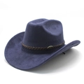 Detail eines dunkelblauen Cowboyhuts mit braunem Lederband und dekorativer Metallschnalle - M(56-59CM) / Marineblau (Wildleder)