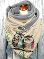 Warm beige scarf with double owl print and metal buckle closure on female mannequin - 26-Double Owls