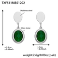 Green glass stone oval earrings in 18k gold plated stainless steel with size specs - Steel Earrings - Green Glass Stone