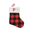 Red and black buffalo plaid Christmas stocking featuring embroidered letter F and fur trim - Letter F