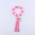 Detail of pink silicone beads wristlet with wooden bead and faux leather tassel charm - Rose Red