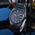 Detailed macro view of the blue waffle dial with silver hands and date window on a steel watch - 22-Black Case Blue Dial