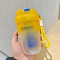 Detail of yellow gradient matte plastic bottle with dual drinking lid and carry strap - 580ml / Yellow