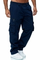 Detail of men's dark blue cargo pants showing side pockets and reinforced stitching - S / Bottoms / Navy Blue