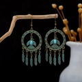 Bohemian bronze tassel earrings with turquoise stones and feather charms on wood - Bird Totem Feather Tassel Style (E2001-3)