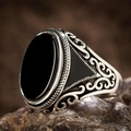 Vintage silver mens signet ring with large oval black onyx stone and engraved sides - Retro Black Signet