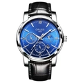 Men's waterproof quartz watch with deep blue dial and black leather strap - Fortune Leather Silver Case Blue Dial Black Strap