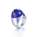 Blue glass gemstone ring with chunky stainless steel band in minimalist industrial style - Deep Blue Foil (KR88915S-K)