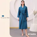 Women's turquoise blue waffle robe with white piping and belt for summer - XL / Female Style / Cyan Blue
