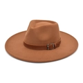 Classic brown wide brim wool fedora hat with elegant leather band and metal buckle detail - M (56-58cm) / Khaki