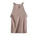 Detailed view of pink halter knit top featuring vertical ribbed texture and soft fabric - S / Tan