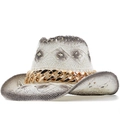 Straw cowboy sun hat in grey and white gradient with bold gold chain accessory - M (56-58cm) / White (JXS-5321)