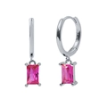 S925 sterling silver hoop earrings with rectangular pink zircon pendant charm - Rose Red Silver