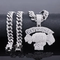 Silver iced-out skull GET MONEY pendant on Cuban link chain and bracelet set - Silver Pendant (Candy) + 50cm Round Chain