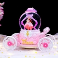 Pink carriage crystal ball music box with violinist girl and Dream inscription - MA Large 100 Snowfall + Inner Rotation + Light / 2089 Pink