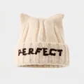 Beige kids knit cat ear hat with PERFECT embroidery and thick thermal wool texture - Beige