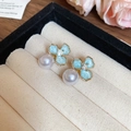 Detailed macro shot of blue enamel flower earrings with pearls in a jewelry gift box - Silver Needle Flower Pearl Stud Earrings - Blue (18#)