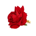 Elegant red velvet rose napkin ring with gold metal band and green leaf detail - Style 18-Velvet Red Rose with Green Leaves