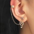 Golden treble clef stud earring and ear cuff chain with sparkling zircon stones - Music Note Zirconia Integrated Chain Cuff (KC金DZ-789)