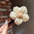 Handmade crochet rose hair claw clip in beige and brown yarn for elegant updos - 050 Knitted Flower - Beige