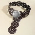 Cintura larga vintage marrone in ecopelle con cerchi traforati e fibbia in argento inciso - Caffè Argento Antico Stile B