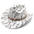 Eleganter weißer Western Cowboyhut mit schwarzen Vogelprints und Ethno-Türkisband - M (56-58cm) / Fedora Oberteil Weiß