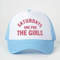 Blue and white trucker hat with Saturdays Are For The Girls pink print design - Sky Blue