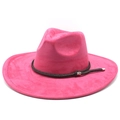 Detailed close-up of rose red faux suede fedora with brown braided leather band and buckle - M (56-59cm) / Rose Red Suede