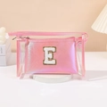 Pink glitter makeup bag set with transparent PVC outer pouch and embroidered letter E - Peach Red [E]