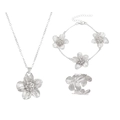 Silver flower jewelry set featuring textured floral necklace, bracelet and open ring - Silver 3-Piece Set: Ring + Bracelet + Necklace