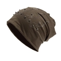 Gorro de punto marrón oscuro para mujer con elegante patrón floral de tachuelas - Ajustable (54-60cm) / Verde Militar