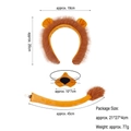 Three-piece lion costume set showing headband, nose, and tail dimensions with measurements - Lion Headband + Nose Mask + Tail Set