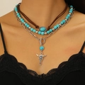 Mehrlagiges Boho-Halsketten-Set mit Türkis-Anhänger und silbernem Büffelschädel - Dreilagiges Halsketten-Set (DZ-059) / Antiksilber