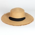 Detailed texture of woven straw boater hat with black ribbon and frayed edges - Khaki With Black Ribbon