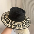 Flat top straw hat with black and beige geometric weave and ribbon detail - Raffia Hollow Indented Hat - Black