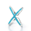 Minimalist geometric X-shape crisscross ring with turquoise pave stones in white gold finish - Adjustable Open / Silver-Blue Zirconia