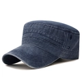 Distressed dark blue washed cotton flat top military cap with vintage faded finish - Adjustable / Navy Blue